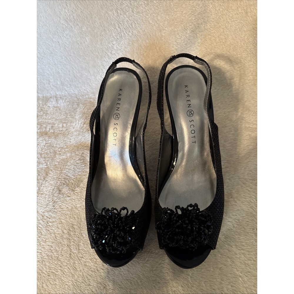 Karen Scott Brandy Slingback Peep-Toe Pumps, Size 8 Black 3 1/5" Heels